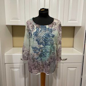 Chico's Size 2 Top Blouse Women Semi Sheer Two Toned Floral and Stripes Layered